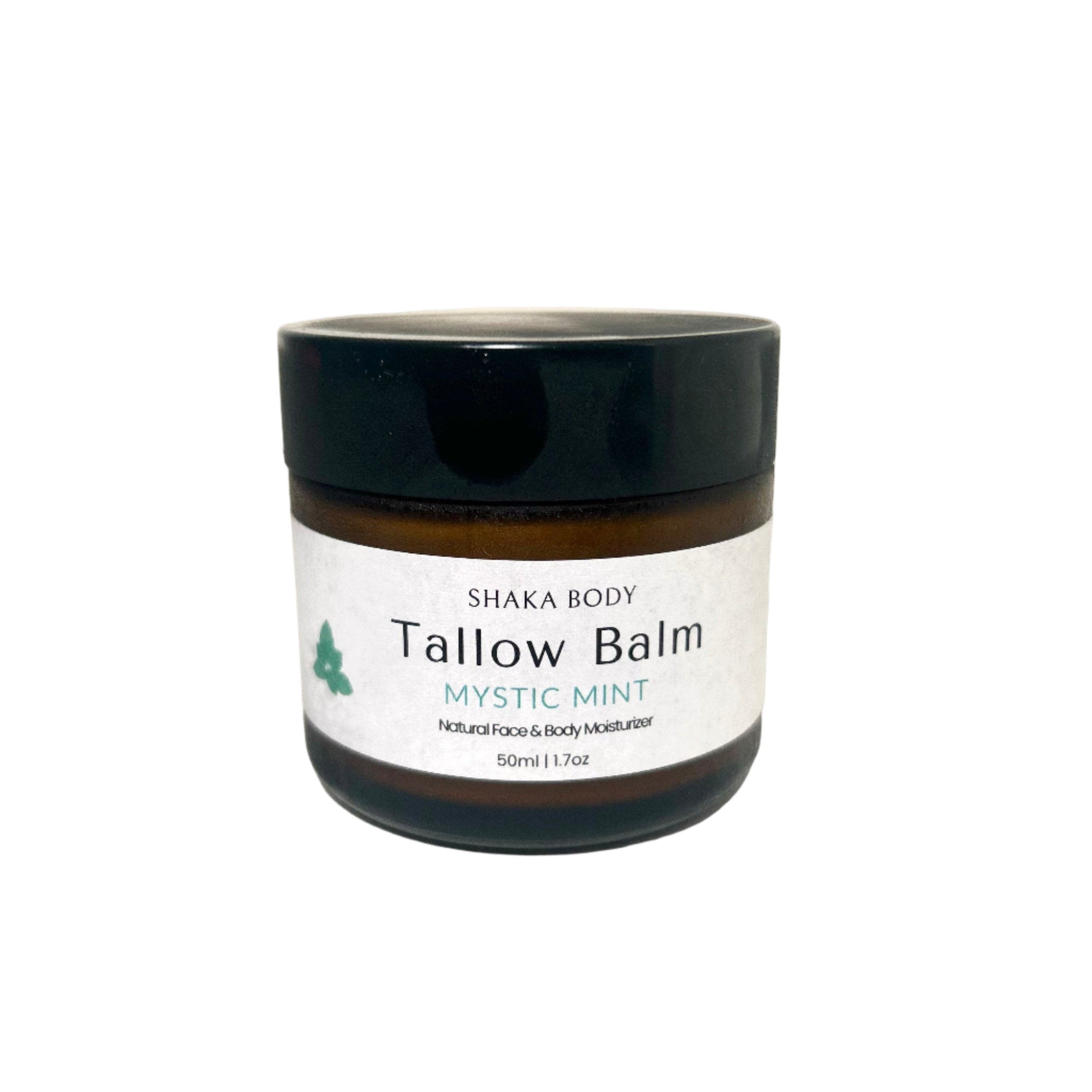 Jar of Shaka Body Tallow Balm Mystic Mint on a white background