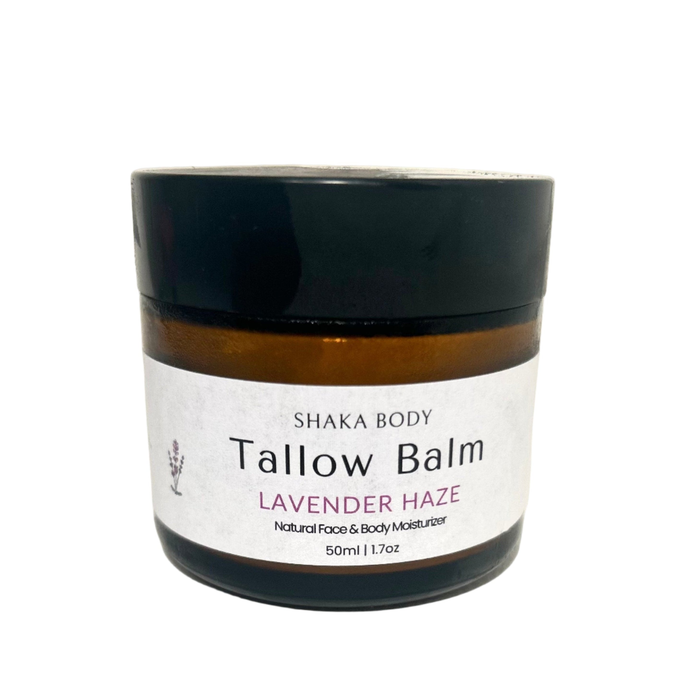 Jar of Shaka Body Tallow Balm Lavender Haze on a white background