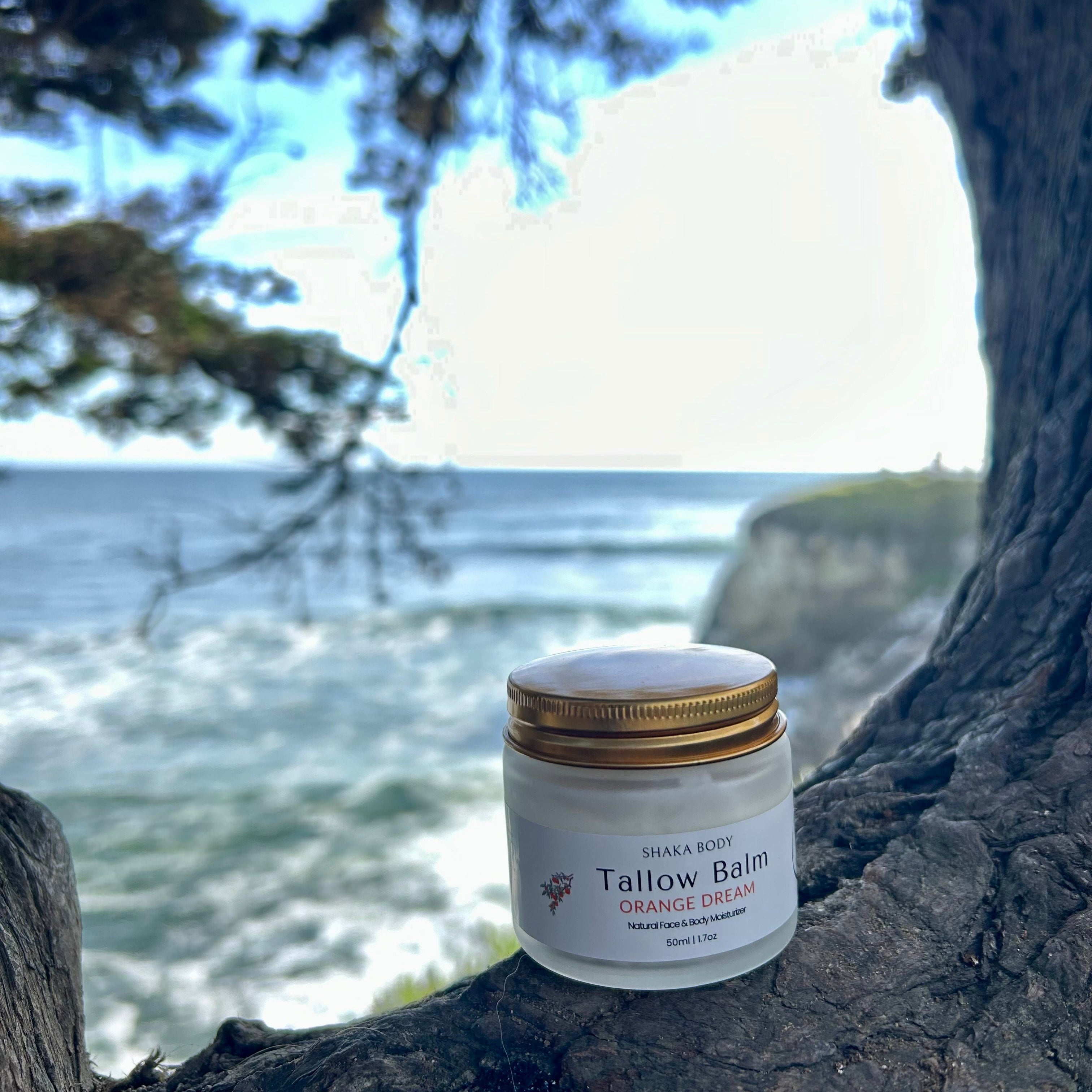 Tallow balm jar on a tree branch with a scenic background of water and sky.
