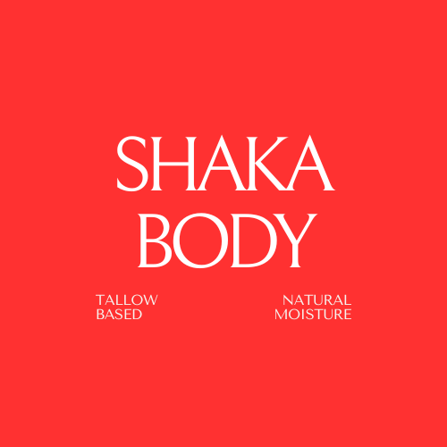 Shaka Body logo on a red background with 'Tallow Based' and 'Natural Moisture' text.